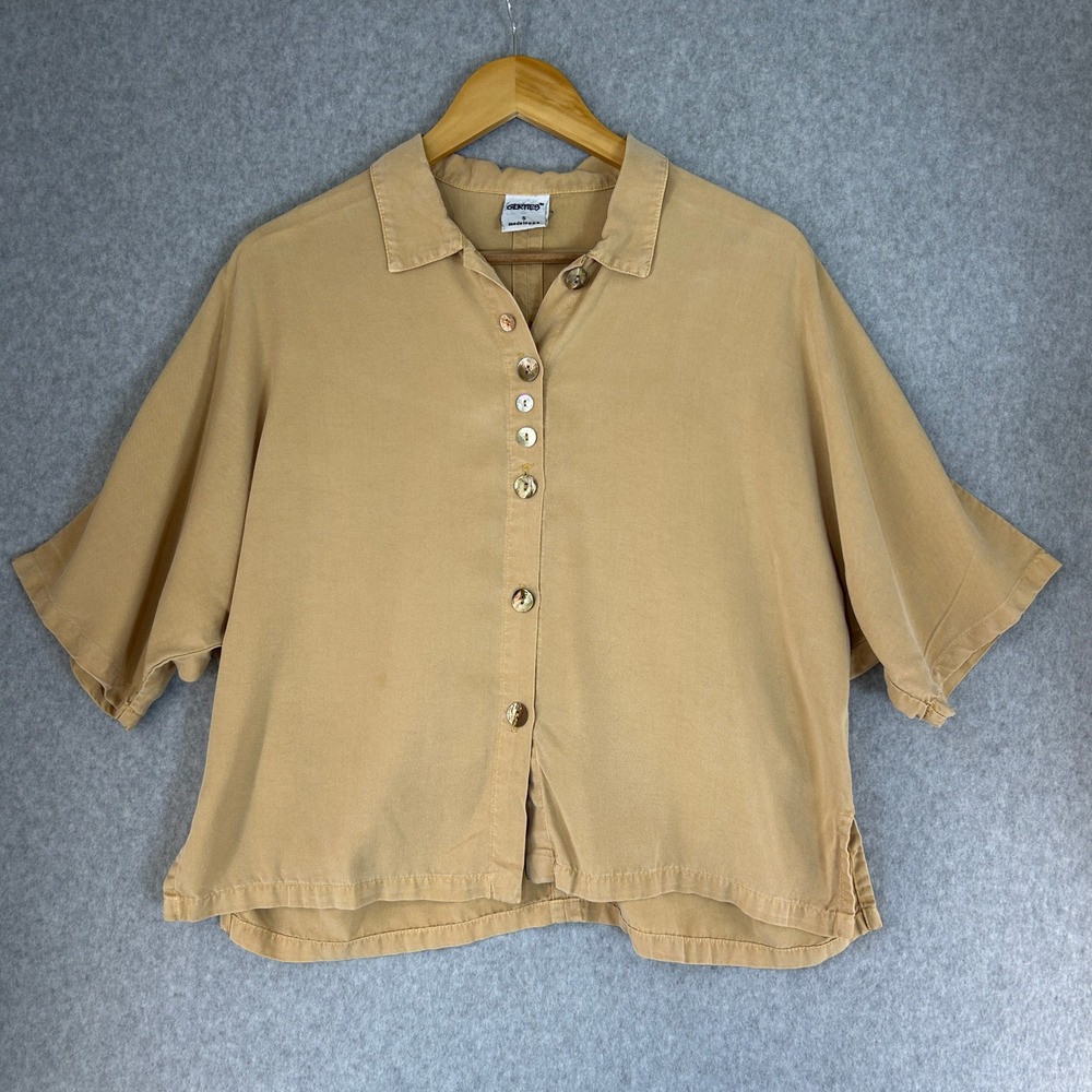 Gerties Tan Tencel Button Down Shirt Boxy SS Artsy Lagenlook USA Made Size Small